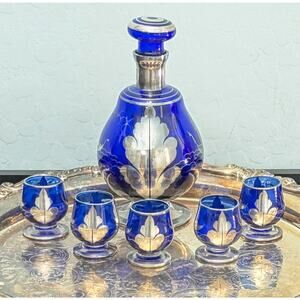 Antique Murano Cobalt Blue Glass Decanter Sterling Silver Overlay 5 Glasses